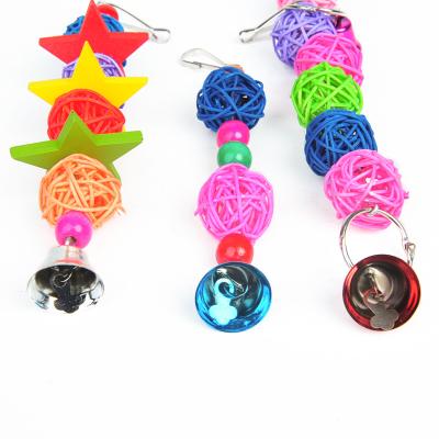 China Handmade Woven Sepak Takraw Toy Hanging Cage Sepak Takraw Parrot Wooden String Bead Viable Bell Chewing Bird Toys for sale