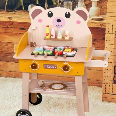 China Early Education Wooden Pretend Toy Kitchen for Kids with Preschool Montessori Kids Kitchen Wooden Toy Bear BBQ Truck Role Play for sale