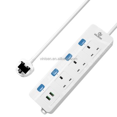 China New Residential/General Purpose British Type 3 Outlets 2 USB Port Extension Socket UK Power Strip 2M Cable Wire Power Gelistar Plug for sale