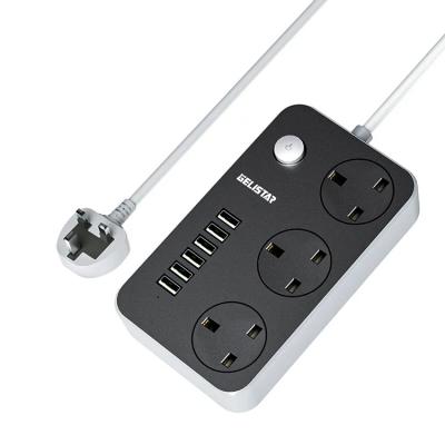 China Home Appliance UK Standard 3 Way Extension Black Power Socket With 6usb Fast Charger Ports Surge Protector Power Strip for sale