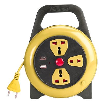 China Universal Convenient Safety Extension Socket Power Strip Surge Protector Yellow 3 Way 5M With Retractable 2USB Port Coil Cable for sale