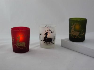 China Frosted Color Votive Candle Holders , Red White Elk Custom Printed Glasses for sale