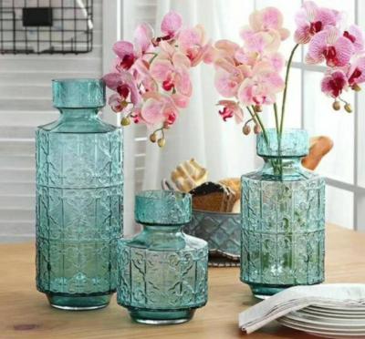 China Green Flower Solid Glass Vase Set , Handmade Glass Vases For Weddings OEM for sale