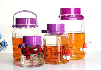 China Large Food Glass Storage Jars Wide Mouth Neck With Purple Lid Faucet 4L 30L for sale