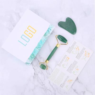 China Whitening Natural Facial Skin Jade Roller Gua Sha Set Green Aventurine Roller Massager for sale