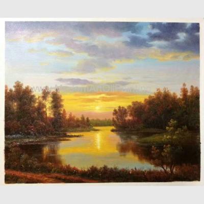 China Classical Nature Oil Painting Landscape Sunset Landscape Painting With Stream for sale