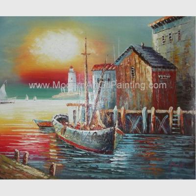 China Sunrise Senery Orange Boats Oil Painting Sailboat Canvas Art For Parlour for sale