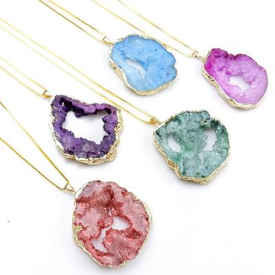 China Other Natural Crystal Agate Geode Sliced ​​Original Stone Pendant Watanabe Metal Edged Crystal Teeth Cluster Necklace for sale