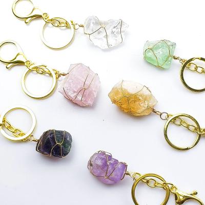 China Wholesale Hand Natural Crystal Stone Irregular Winding Irregular Key Ring Rough Stone Yellow Quartz Pendant for sale