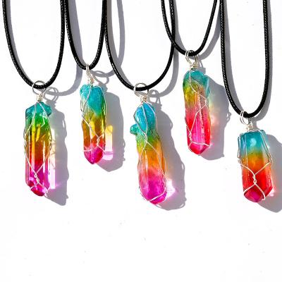 China Europe and America Wholesale Hexagon Wrapped Natural Wire Plated Crystal Pendant Chakra Colorful Aura Healing Crystal Necklace for sale