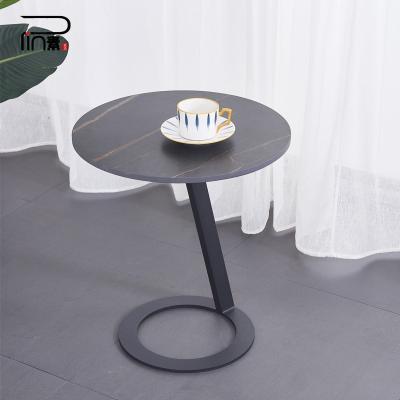 China (Other) Adjustable Coffee Table Customized Italian Style Round Slab Metal Frame End Table Household Balcony Sofa Corner Agglomerated Stone Table for sale