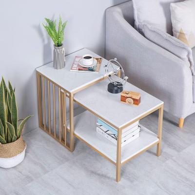 China (Other) Indoor Customized Adjustable Art Double Layer Corner Simple Set Marble Coffee Table Square Bedside Table Iron Table for sale