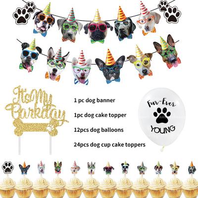 China Dog Party Decoration Dog Birthday Balloons Paw Print Card Flag Bone Cake Insert Party Decoration Set Dog Face Pull Flag for sale