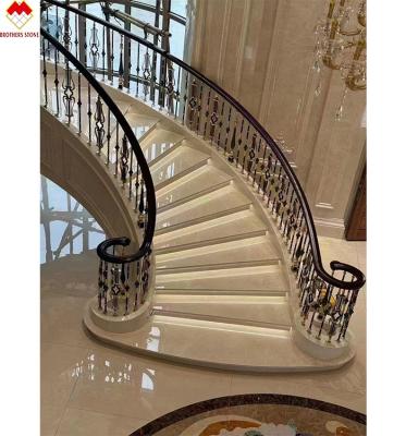 China Modern Anti-Slip Beige Marble Waterjet Steps and Treads for Villas Spiral Staircase for sale