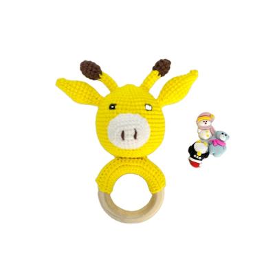 China Wooden Ring Rattle Teething Toy Baby Teether Baby Teether High Quality Handmade Shaped Soft Crochet Giraffe Ratchets Animals for sale