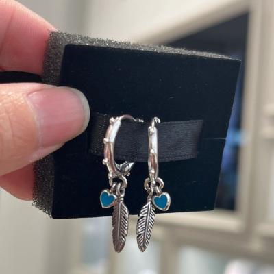 China Beautiful Long Hoop Earrings Lead Free Nickel Free For Girls 925 Sterling Silver Blue Enamel Love Heart And Leaf Luxury Designer Hoop Earrings for sale