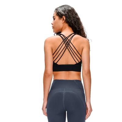 China Breathable High Strength Strappy Gym Cross Fitness Top Sportswear Back 220 GSM Push Up Yoga Bra for sale