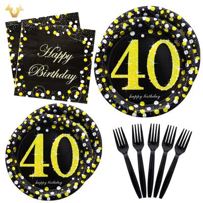 China Disposable Spot 40-year-old black hot silver theme dinner plate paper towel fork set of 4 tableware ornaments for sale