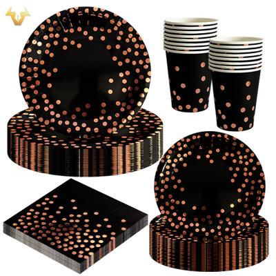 China White card paper Factory spot gold stamping black small polka dot dinner plate set rose gold dinner plate paper cup paper towel 4 piece tableware for sale