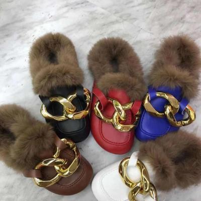 China 2021 New Light Weight Bottom Round Toe Big Buckle Chain Leather Large Size Thick Plush Closed Toe Shoess for sale