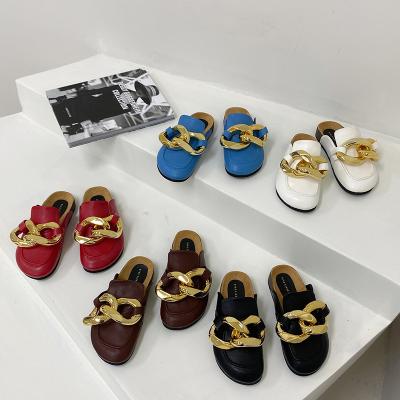 China Autumn New Wish Hot Style PU Light Round Head Large Double Metal Buckle Ring Women's Closed Toe Sandals for sale