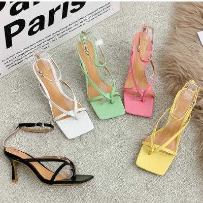 China New Fashion Trend Summer Candy Color Strap Sandals Catwalk Style Square Toe High Heel Shoes for sale