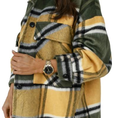 China Oversized Women Latest Anti Shrink Shirts Turn Down Round Neck Fleece Women Plaid Shirt Women Khaki Shacket for sale