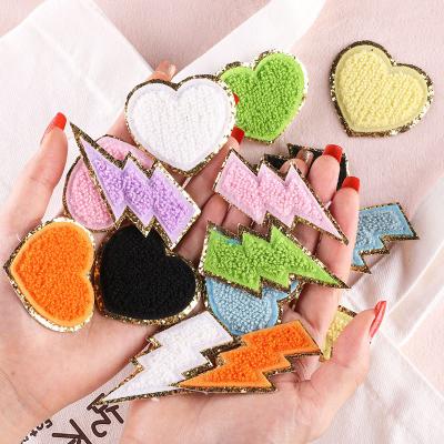 China Handmade Colors Gold Glitter Edge Heart Lightning Bolts Form Iron On Chenille Patches For Towel for sale