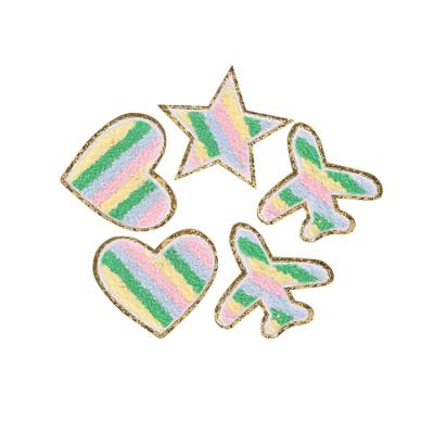 China Handmade Rainbow Color Star Heart Plane Shape Glitter Chenille Iron On Patches Embroidery for sale