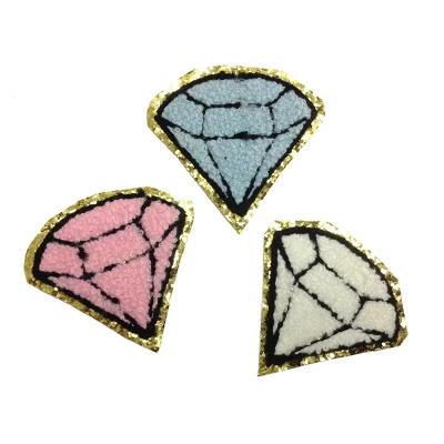 China New Design Handmade Diamond Shape Gold Glitter Embroidered Chenille Iron On Patches For DIY Accessories for sale