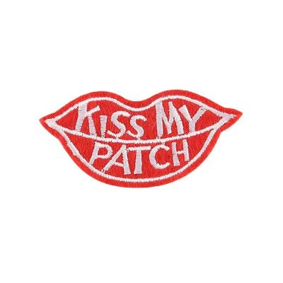 China Hot Sale Handmade Kiss My Patch Word Red Lip Shape Embroidered Logo Iron On Patches For Jacket for sale