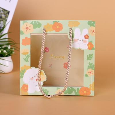 China Mint Color Portable Paper Bag Transparent Cutout Cute Cartoon Square Bottom for sale