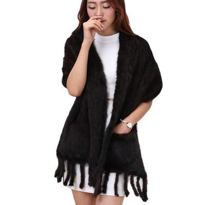 China 100% Premium Luxury Mink Knit Fur Large Scarf Shawl With Pockets for sale