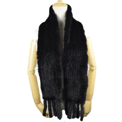 China Black Double Sided Mink Fur Scarf Women And Men Knit Mink Fur Scarf With Tassels for sale