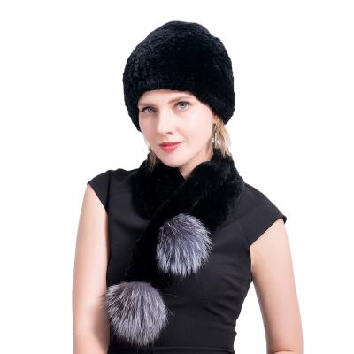 China Luxury Real Rex Rabbit Fur Scarf with Silve Fox Pompoms for sale