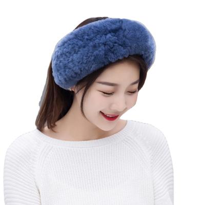 China Winter Elastic Furry Fashion Cute Headband Elastic Hand Knit Rex Fur Headband Neck Ear Warmer For Women for sale