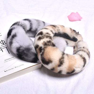 China Real Rex Rabbit Fur Hairband Leopard Color Girls MWfur Soft Hairy Headbands Soft Headband Fashion For Girls for sale