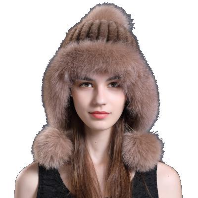 China COMMON Winter Hats Knitted Genuine Pom Poms Female Real Fur Trimmed Mink Fur With Fox Fur Hat For Women for sale