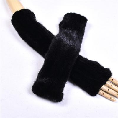 China Plain Hand Knitted Mink Fur Half-Finger Gloves Female Sheath 40cm Black Natural Mink Fur Mittens Stretch Woven For Women for sale