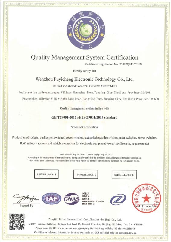 ISO9001 - Wenzhou Fuyicheng Electronic Technoloty Co., Ltd.