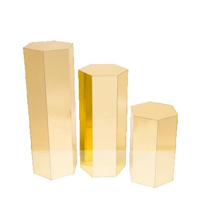 China Wedding Cylinder Gold Hexogon Pedestal Display Stand White Acrylic for sale