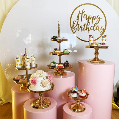 China Sustainable Luxury Mirror 3 Tier Metal Wedding Cake Stand Set Gold Decoration for sale