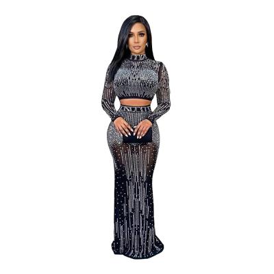 China High Quality Sequin Sequined See Through Mesh Dresses Skirts Club Night Sexy Women Dresses Sets for sale