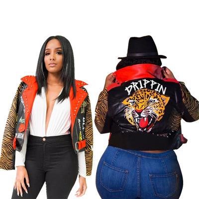 China 2022 Fashionable Leather Plus Size Clothing Studded PU Jacket Tiger Head Letter Print Women Autumn Winter Leather Gears for sale