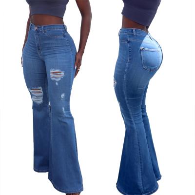 China QUICK DRY denim Bell denim sky blue high waist skinny destroyed raw edge button ripped flare jeans for women for sale