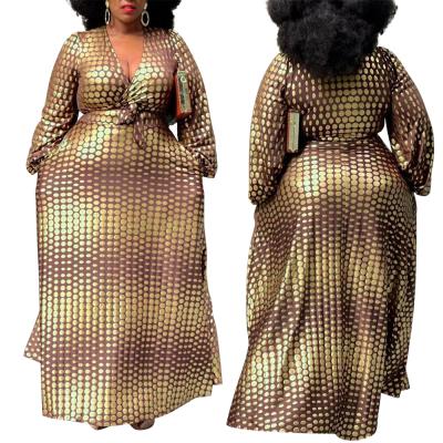 China High Quality Plus Size Plus Size Pots Of Gold Pattern Maxi Dresses V Neck Long Sleeve Dresses For Women for sale