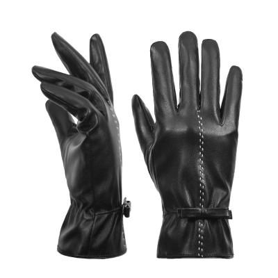 China Plain Black Ladies Leather Gloves Fall And Winter Outdoor Warm-keeping Fleece Thickened PU Gloves Cycling Non-slip Cotton Gloves for sale