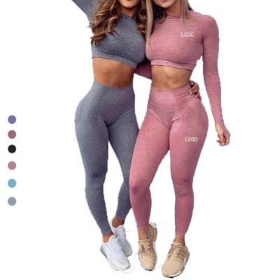 China Long Sleeve Wear Women Clothing Custom Fitness Sporty Active Tight Breathable High Waisted Leggings Seamless Yoga Set for sale