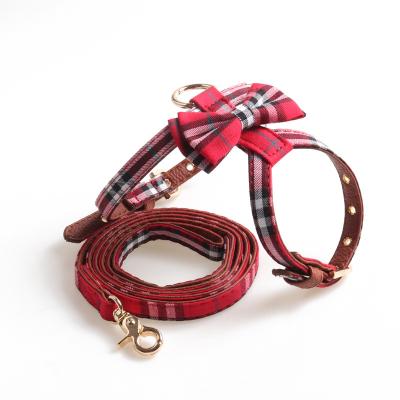 China Thoughtful Chest Harness and Personalized Print Plaid Bowknot Dog Collar and Leash Set for sale