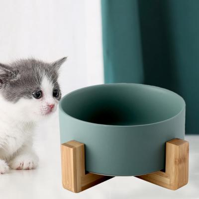 China Viable Colors Wood Frame Ceramic Pet Cat Dog Feeder Bowl for sale